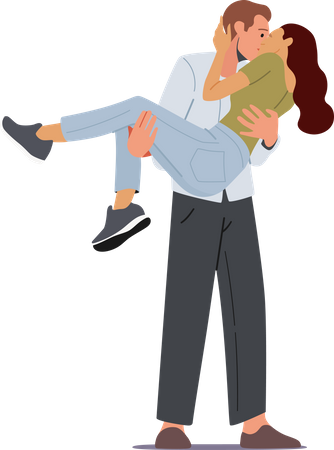 Man kissing girl while holding her in hands Illustration