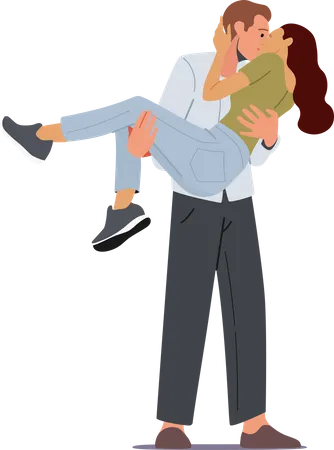 Man kissing girl while holding her in hands Illustration