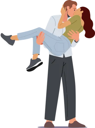 Man kissing girl while holding her in hands  Illustration