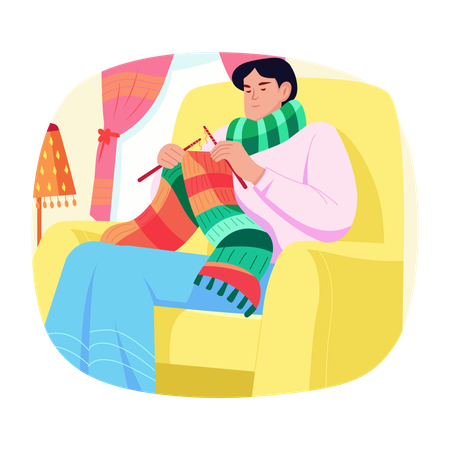 Man knitting woollen scarf  Illustration