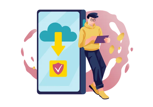 Mann lädt Daten aus der Cloud auf Handy herunter  Illustration