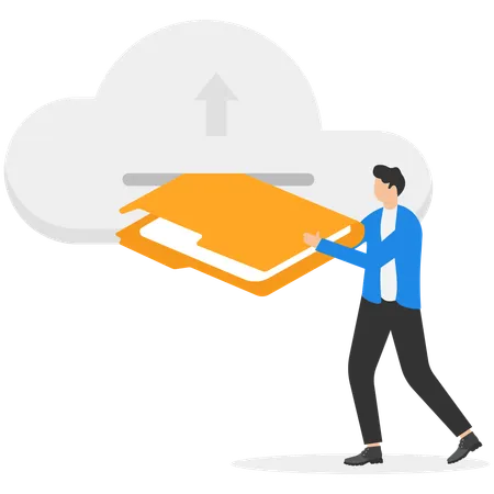 Mann lädt Ordner mit Dokumenten in die Cloud hoch  Illustration