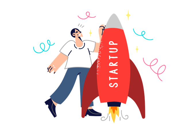 Man launches startup spaceship  Illustration