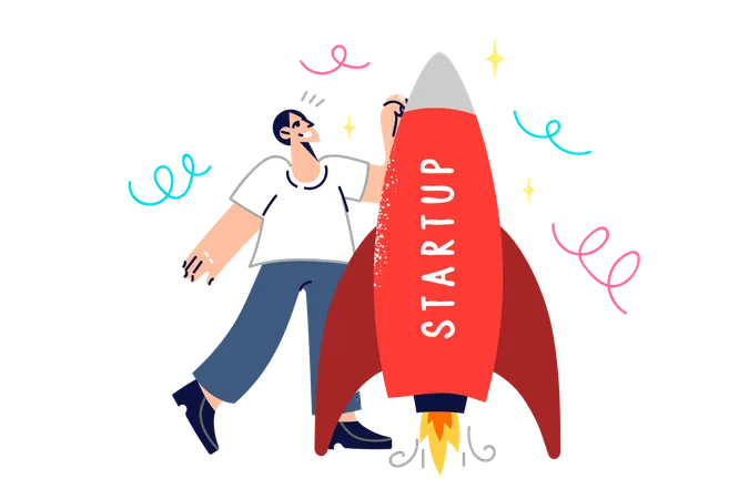 Man Launches Startup Stands Near Spaceship Ready To Fly Into Space On Research Mission Guy Is Owner Of Startup Company And Dreams Of Having Business That Puts Satellites Into Orbit Illustration