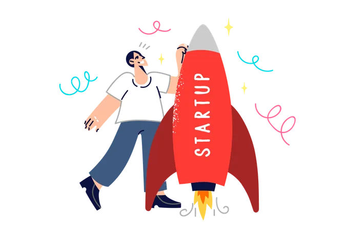 Man launches startup while standing near spaceship ready to fly into space on research mission  Illustration