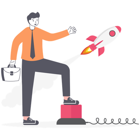 Man launching business product on market.  Illustration