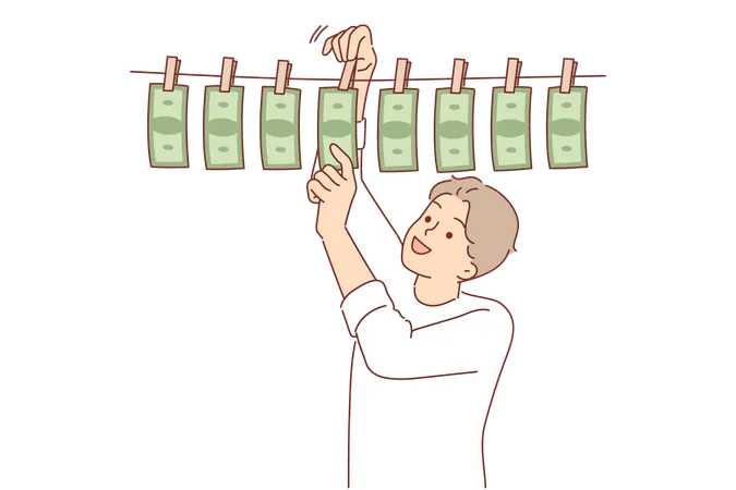 Man Laundering Money Received From Illegal Business Hangs Banknotes On Rope And Rejoices At Enrichment Guy Is Involved In Money Laundering From Criminal Activities Or Counterfeiting Cash イラスト