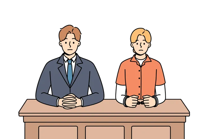 Man lawyer and woman defendant in handcuffs sit at table awaiting verdict from judge  Illustration