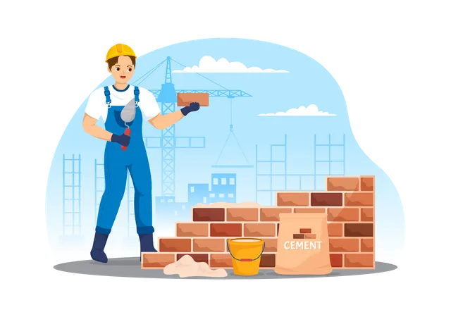 Bricklayer Worker Illustration With People Construction And Laying Bricks For Building A Wall In Flat Cartoon Hand Drawn Landing Page Templates イラスト