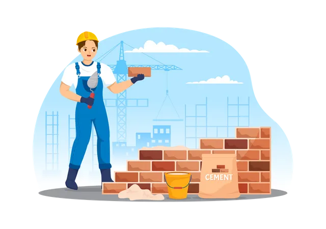 Man laying bricks to make brick wall  Illustration