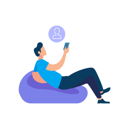 Man laying down on beanbag selecting contact for call in mobile Illustration