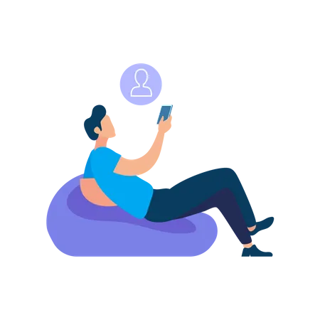 Man laying down on beanbag selecting contact for call in mobile  Illustration