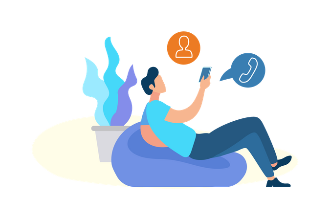 Man laying down on beanbag selecting contact for call in mobile  Illustration