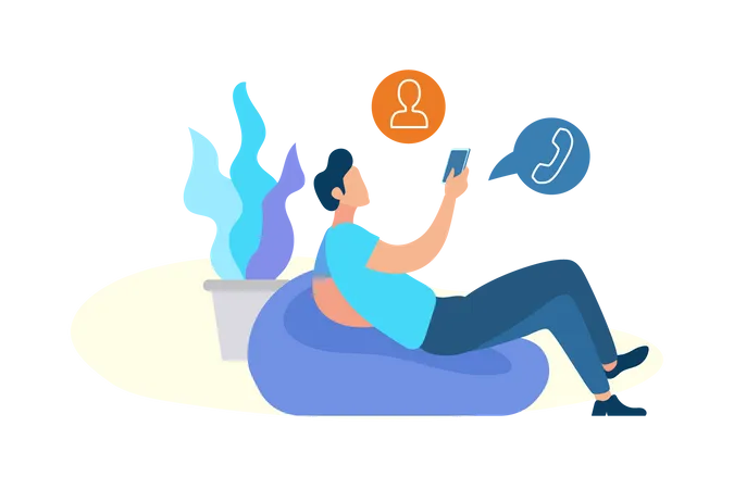 Man laying down on beanbag selecting contact for call in mobile Illustration
