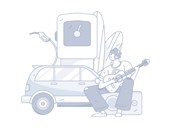 Man laying guitar at fuel station  Illustration