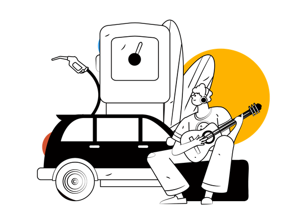 Man laying guitar at fuel station  Illustration