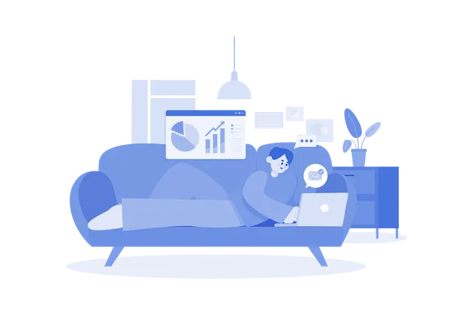 Man Laying On The Couch And Doing Work On A Laptop  Illustration