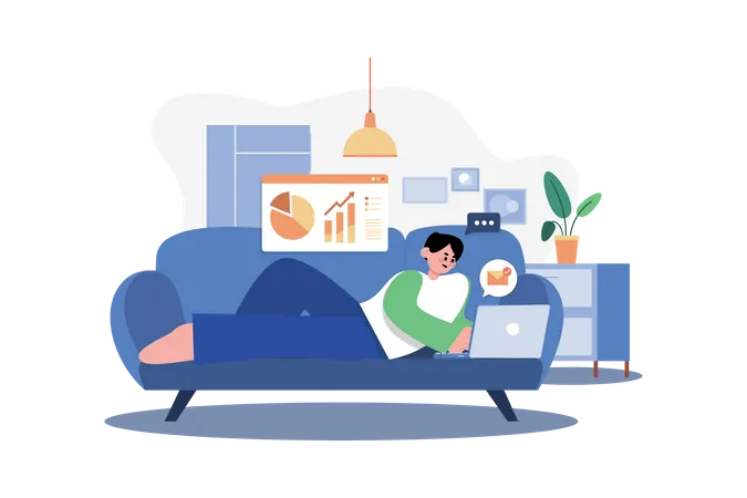 Man Laying on the couch and doing work on a laptop  Illustration