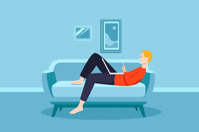 Man Laying on the couch and doing work in laptop  Illustration