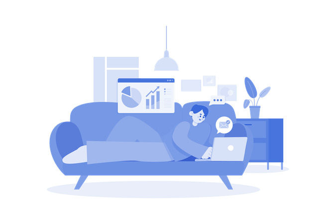 Man Laying On The Couch And Doing Work On A Laptop  Illustration