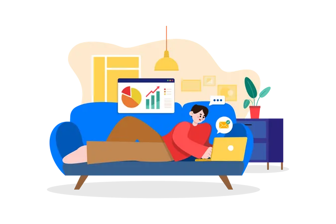 Man Laying on the couch and doing work on a laptop Illustration
