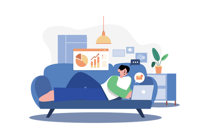 Man Laying on the couch and doing work on a laptop  Illustration