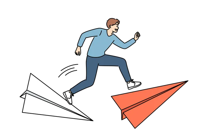 Man Leader Overcomes Dangerous Moments In Business Runs On Large Paper Airplanes To Meet Deadline Ambitious Guy Wants Become Leader And Be First To Overcome Path To Career Success Illustration