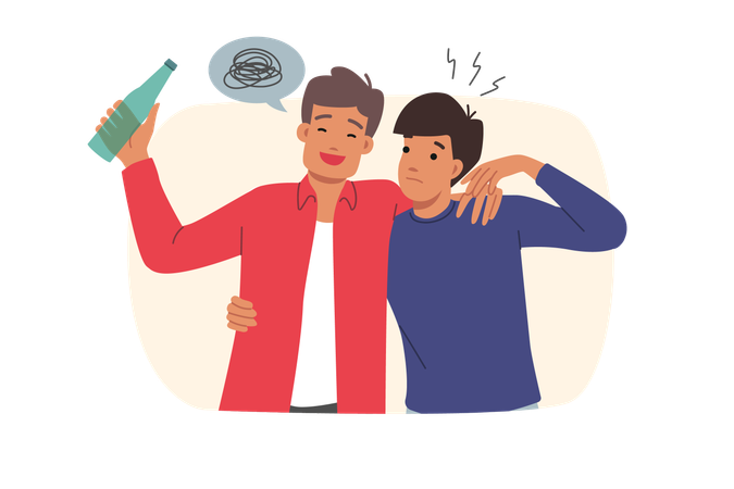 Man leading drunk friend with bottle in hand  Illustration