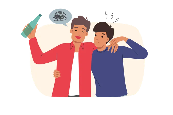 Man leading drunk friend with bottle in hand  Illustration