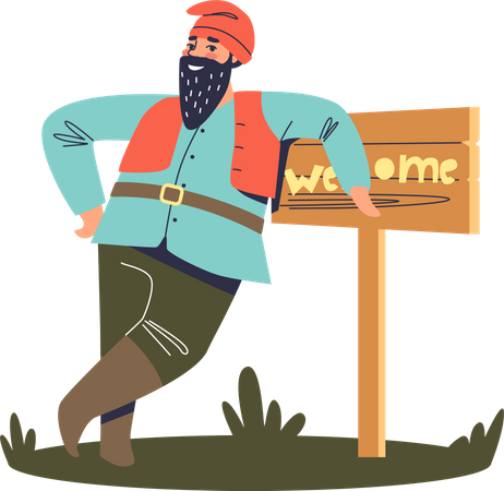 Man leaning on welcome board Illustration