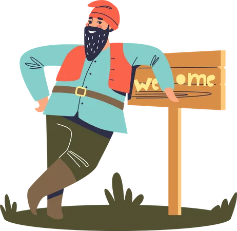 Man leaning on welcome board Illustration