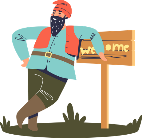 Man leaning on welcome board  Illustration