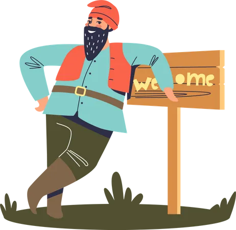 Man leaning on welcome board  Illustration