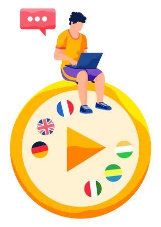 A Man Sitting With A Laptop On A Video Player Icon With Images Of Flags Of Different Countries The Guy Uses Computer To Send Emails And Communicate On The Internet Online Chatting Foreign Languages Illustration