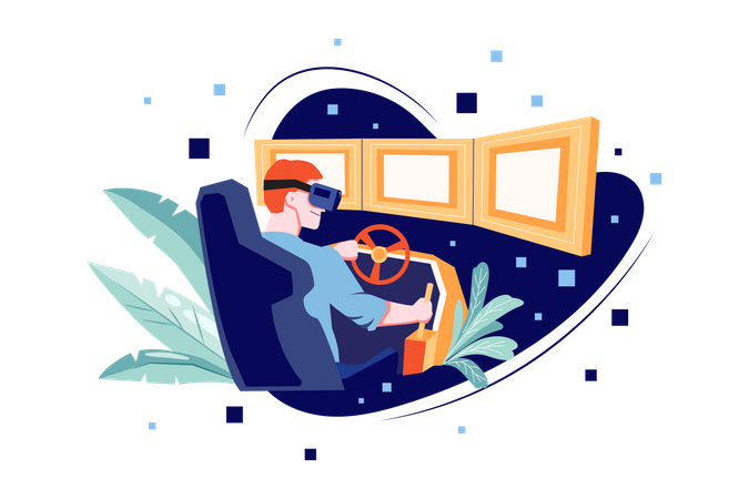 Man learning Driving using VR Tech Illustration