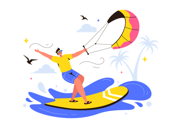 Man Learning Kitesurfing  Illustration