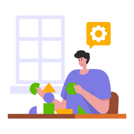 Man learning to assemble shapes  Illustration