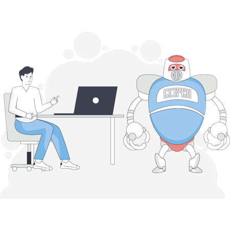 ロボットを使って学習する男性  イラスト