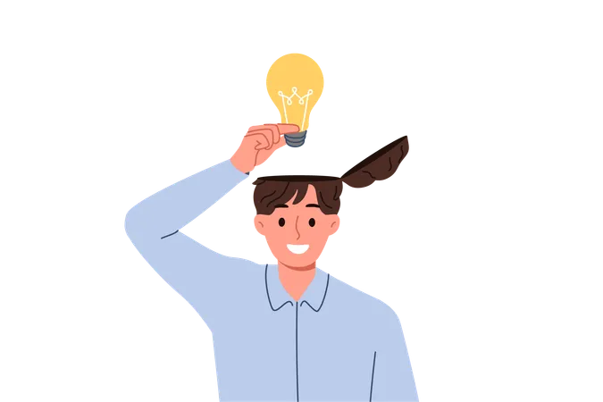 Man learns about innovative idea puts light bulb inside head to improve own creative thinking  Illustration