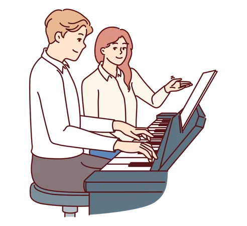 Man Learns To Play Piano With Woman Teacher Who Tutors And Gives Private Lessons Future Musician Plays Piano To Become Professional Composer Or Perform At Concerts In Front Of Audience Illustration