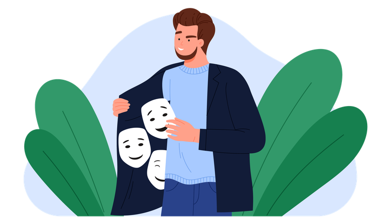 Man liar hiding true emotions and feelings under happy mask  Illustration