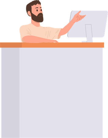 Man librarian working at desk with computer  Illustration