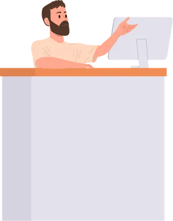 Man librarian working at desk with computer  Illustration