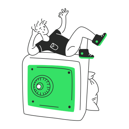 Man lies on a safe with money Illustration