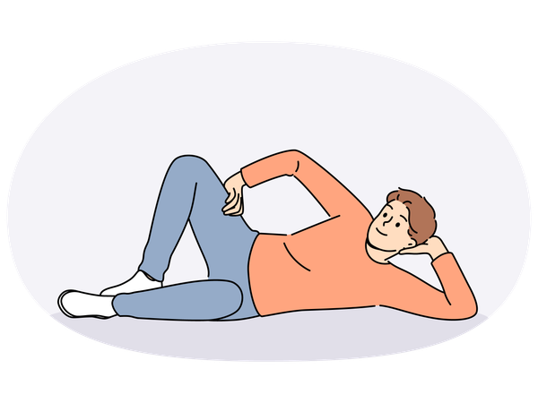 Man lies on floor with hand under head and with smile looks at screen  Illustration