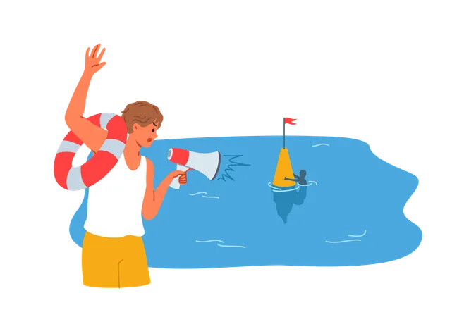 Man lifeguard waves hand to drowning man and holds lifebuoy demonstrating readiness to help  Illustration