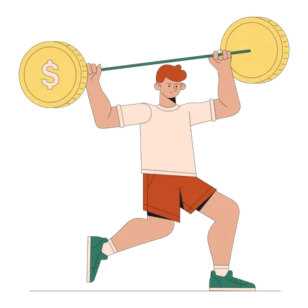 Man lifts heavy coins  Illustration