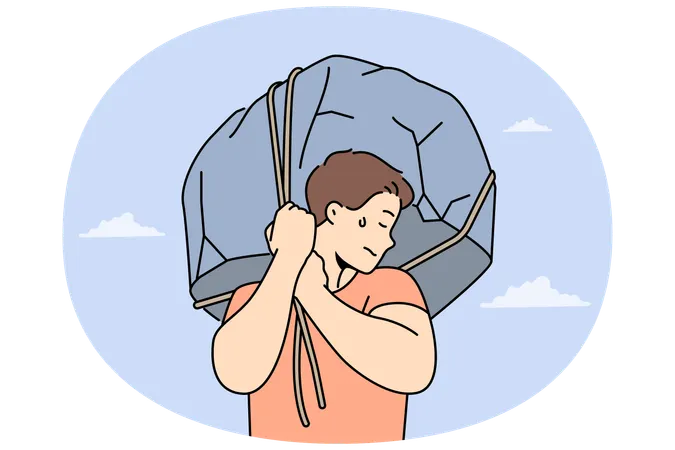 Man lifts huge stone demonstrating strength and readiness for difficult work to achieve success  Illustration