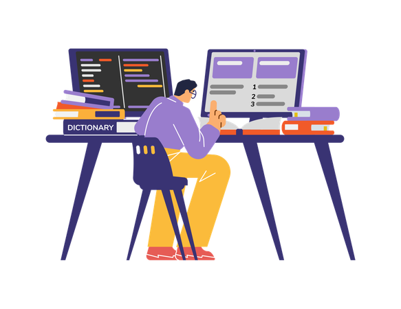 Man linguist translates using computer technologies and dictionary books  Illustration