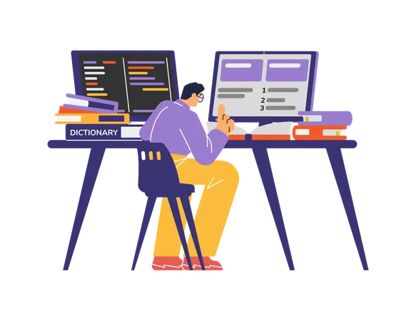 Man linguist translates using computer technologies and dictionary books  Illustration